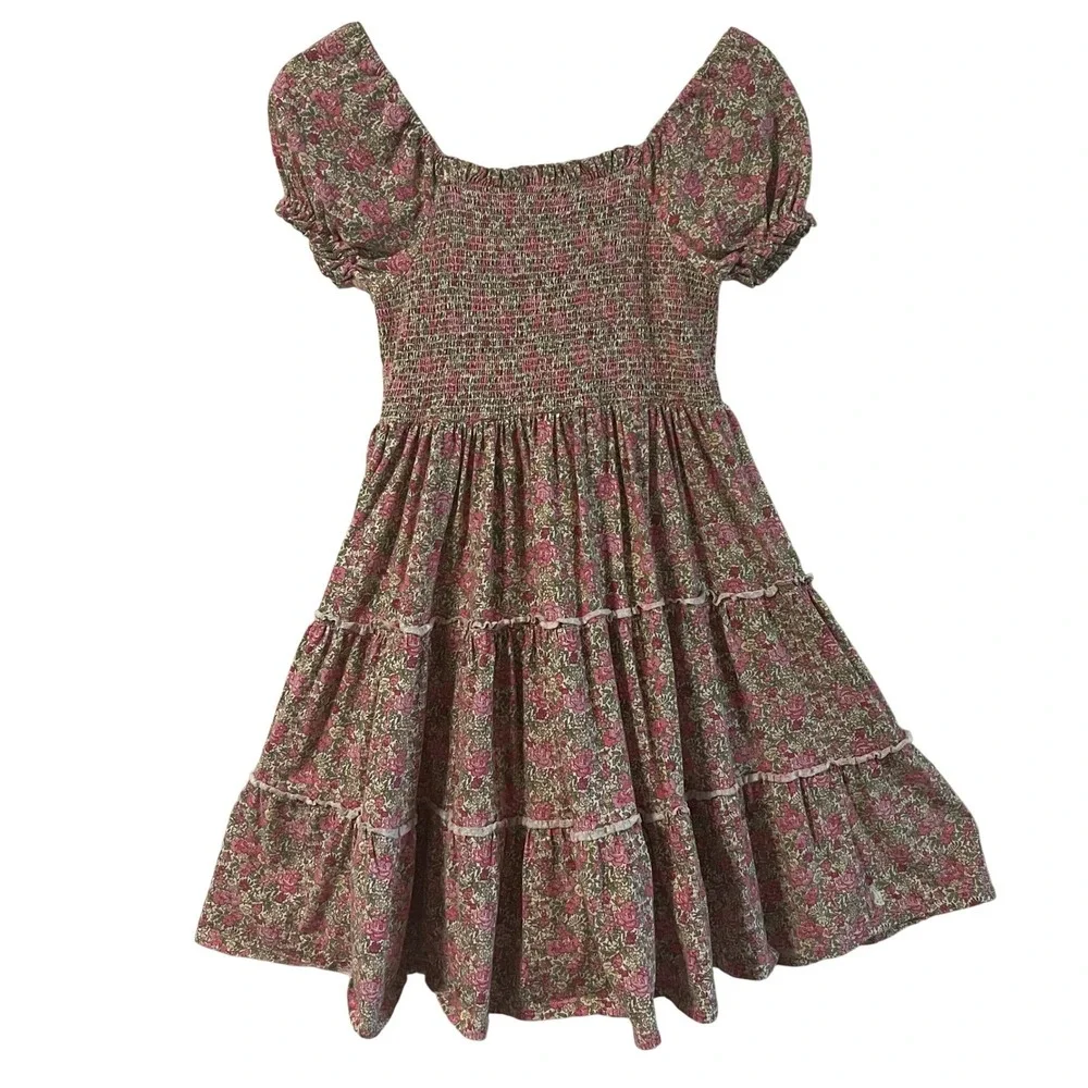 Polo Ralph Lauren Girls XL 16 Pink Floral Smocked Tiered Puff Sleeve Dress